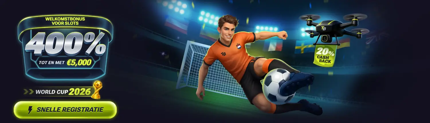 TenoBet – welkomstbonus banner voor slots met World Cup 2026 thema Promotionele desktopbanner van TenoBet met een 400% welkomstbonus voor slots tot €5.000, een voetballer in oranje Nederlands tenue die een omhaal maakt, een drone met het TenoBet-logo en een 20% cashback-badge, met World Cup 2026-branding