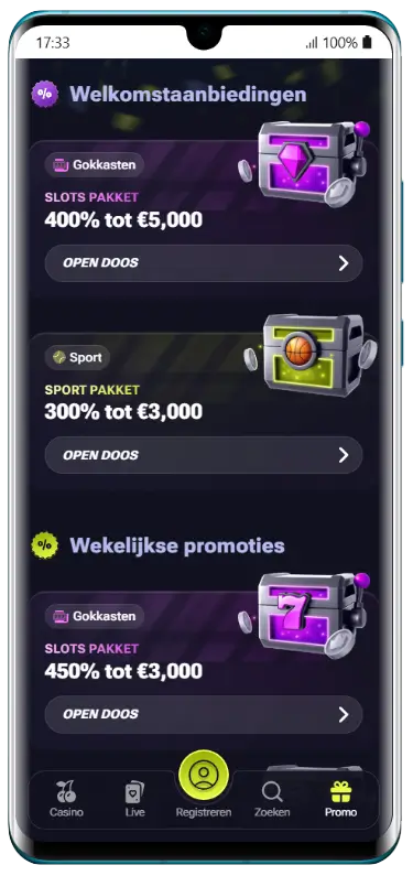 TenoBet mobiele app – homepagina met welkomstbonus Mobiele app homepagina van TenoBet met een 400% welkomstbonus voor slots tot €5.000, een voetballer in oranje shirt, World Cup 2026-logo en een knop voor snelle registratie