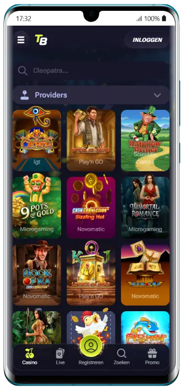 TenoBet mobiele app – casinospellen en gokkasten overzicht Overzichtspagina van casinospellen in de TenoBet mobiele app met populaire gokkasten zoals Cleopatra, Book of Ra, 9 Pots of Gold en Immortal Romance, gesorteerd per provider
