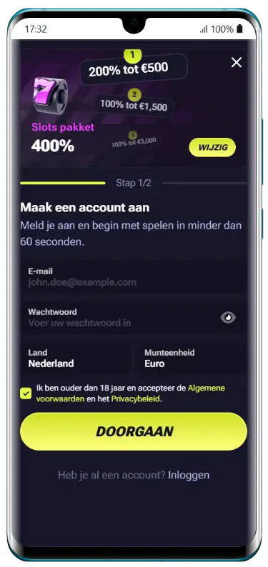 TenoBet mobiele app – welkomstaanbiedingen en wekelijkse promoties Promotiepagina in de TenoBet mobiele app met welkomstaanbiedingen: een slots pakket van 400% tot €5.000, een sport pakket van 300% tot €3.000, en een wekelijkse slots promotie van 450% tot €3.000