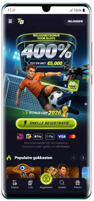 TenoBet mobiele app – account aanmaken registratieformulier Registratieformulier in de TenoBet mobiele app, stap 1 van 2, met invoervelden voor e-mail, wachtwoord, land en munteenheid, en een geselecteerd slots pakket van 400% welkomstbonus